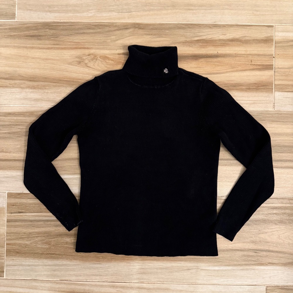 Lauren Ralph Lauren Black Ribbed Turtleneck Sweater Cotton Logo Small